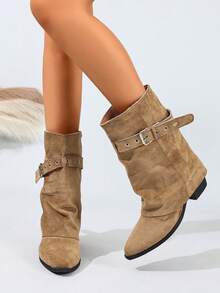 Bottines à bout pointu pour femmes, bottines mi-mollet, chaussures à talons hauts et jambes fines, nouvelle arrivée pour l'automne/hiver - Kaki - Voir 3