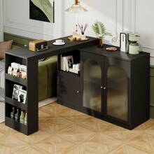 Stół barowy obrotowy 360° Mmm (główny korpus 120 x 40 x 97), nowoczesny i prosty biały obrotowy stół do jadalni i baru, wielofunkcyjna szafka do przechowywania ze szklanymi drzwiami - Czarny + MDF - Zobacz 5