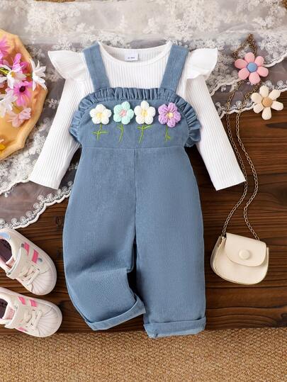 2 件套女婴休闲户外长袖白色汗衫 + 蓝色碎花吊带裤套装，秋冬