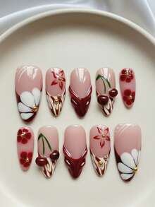 Brighten Your Nails – 10PCS Fall/Winter Medium‑Length Almond Handmade Press On Nails, Nude Red Gradient Zebra French Tip Nails With Hand‑Painted Floral & Cherry Art, Droplet 3D Emboss & Gold Bead 3D Accents, Removable Reusable Nail Set (Includes Nail Glue & Nail File) – & Cute Christmas Nails - 彩色 - 查看 4