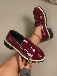 Women's Thick Sole Black Loafers, New British Style Flats Increase Height Suitable With Skirts/JK, Lace-Up Small Leather Shoes, Daily School Style Thick Sole Slip-On Mirror Shoes