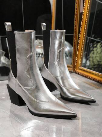 秋冬女士银色短靴，带松紧带，西部牛仔风格中跟男女通用时尚高跟鞋