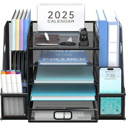 Mesh Desk Organizer With File Holder 5Tier Paper Letter Tray Organizer With Magazine Holder Desktop Organizer And Storage With Drawer For Office Supplies Home Or School Black