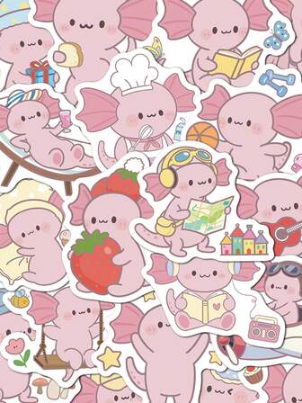 50 piezas Pegatinas de salamandra rosa de dibujos animados para cuadernos, equipaje, guitarra, portátil, decoración, suministros de scrapbooking, papelería