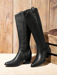 Dream Pairs Women's Embroidered Western Cowgirl Cowboy Boots Pull On Zipper Chunky Heel Pointed Toe Party Knee High Boots - màu đen - Xem 1