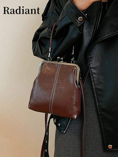 1 pezzo Borsa a tracolla vintage in finta pelle, borsa a mano mini stile vintage con chiusura a bacio e tracolla regolabile, borsa a spalla leggera tinta unita, fodera in poliestere, unisex