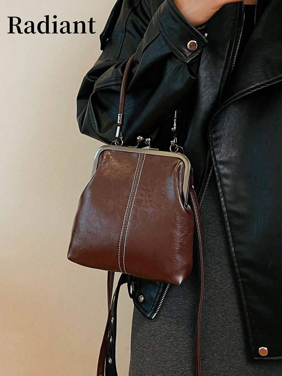 1个复古仿皮斜挎包，女士复古风吻锁迷你手提包，配有可调节肩带，纯色轻便都市手提包，涤纶衬里，男女通用