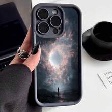 Funda para telefono con borde negro estampado galaxia espacial silueta humana paisaje nocturno para uso diario y viajes - Burdeos - Ver 1