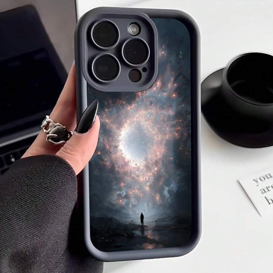 Funda para telefono con borde negro estampado galaxia espacial silueta humana paisaje nocturno para uso diario y viajes - Burdeos - Ver 1