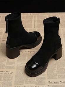 Jesienno-zimowe damskie botki z okrągłym noskiem, casualowe/dojazdowe, zamszowe, patchworkowe, w kolorze czarnym, khaki, brązowym, z suwakiem z tyłu, na platformie i na grubym obcasie