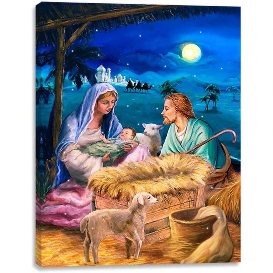 2025 Christmas Canvas Wall Art Print 12" X 16" With Timer | LED Lighted Design - Nativity Baby Jesus - View 1