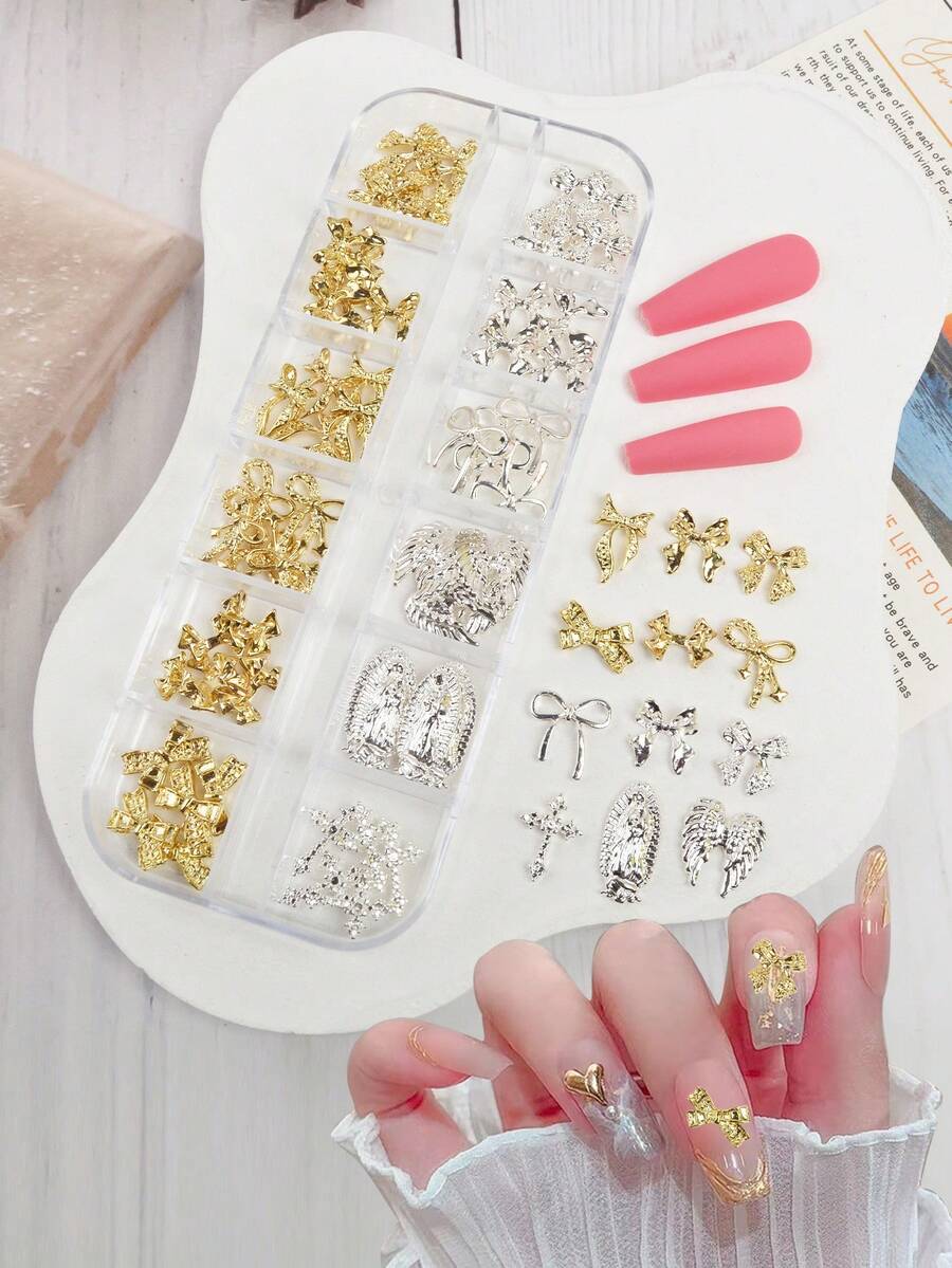 Conjunto de 60 Peças de Fitas de Laço Joia de Unhas, Incluindo uma Variedade de Laços, Asas de Anjo, Ornamentos em Forma de Cruz e Outras Cores Mistas, Adequado para Design de Unhas em Vários Formatos, Ornamentos de Laço de Fita Francesa Kawaii Aesthetic, Acessórios de Decoração de Arte de Unhas