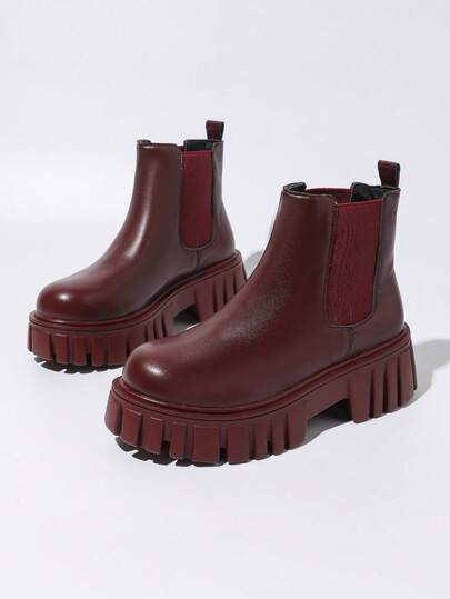 Fall/Winter Women's Classic Wine Red Shaft Boots, Fashionable Thick-Sole PU Uppers Slip-On Design, Comfortable Sole For Long-Wear, Round Toe Shape Won't Squeeze Feet, Versatile Style Suitable For Various Outfits, All Season