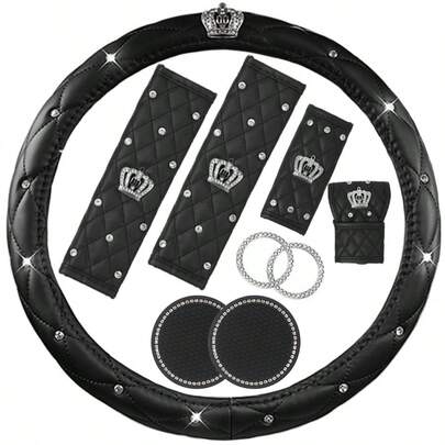 9 piezas Cubierta de protección para el cinturón de del automóvil, Cubierta del volante, Cubierta de protección para el freno de mano y la palanca de cambios, Productos de decoración interior del automóvil con diamantes y rhinestones (Cubierta del volante, Cubierta de protección para el hombro, Cubierta del freno de mano, Cubierta de la palanca de cambios, Anillo de encendido, Posavasos) Cubierta del volante, Cubierta de la rueda del automóvil, Cubierta de la rueda, Cubierta del volante, Accesorios para automóvil, Cubierta del volante, Cubierta del volante para mujeres