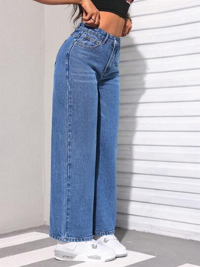 Vaqueros de pierna ancha y largos para mujer, elegantes, de tela elástica, estilo casual azul con botón y cremallera.