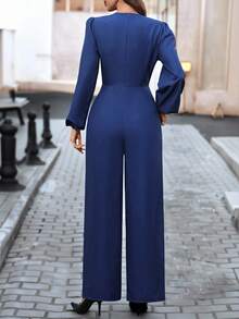 Women's Christmas Jumpsuit,Elegant Commuter & Daily Wear European & American Style, Bestselling Faux Denim Fabric, Overlapping 2 In 1 Design,V-Neck Pleated Solid Long Sleeve Jumpsuit