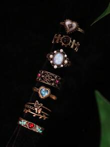 7pcs/Set Vintage Elegant Luxury Versatile Distressed Antique Gold Heart, Floral, Shaped Ring Set, Suitable For Daily Wear, Festivals, Parties