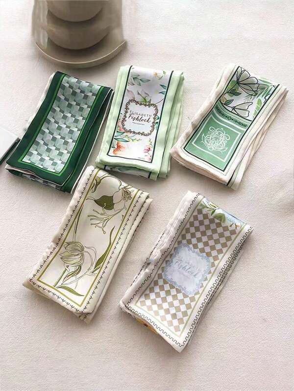 5pcs Green Floral Print Headbands, Versatile Floral Hair Bands, Ribbon Ties For Hair, Bags, Waist, Fashion Accessories Women Bandanas Winter Head Wrap Warm