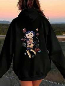 Y2K Graphic Print Pocket Drop Shoulder Casual Hoodie For Women Unisex Plus Size Sweatshirts Hoodies - 黑色 - 查看 1