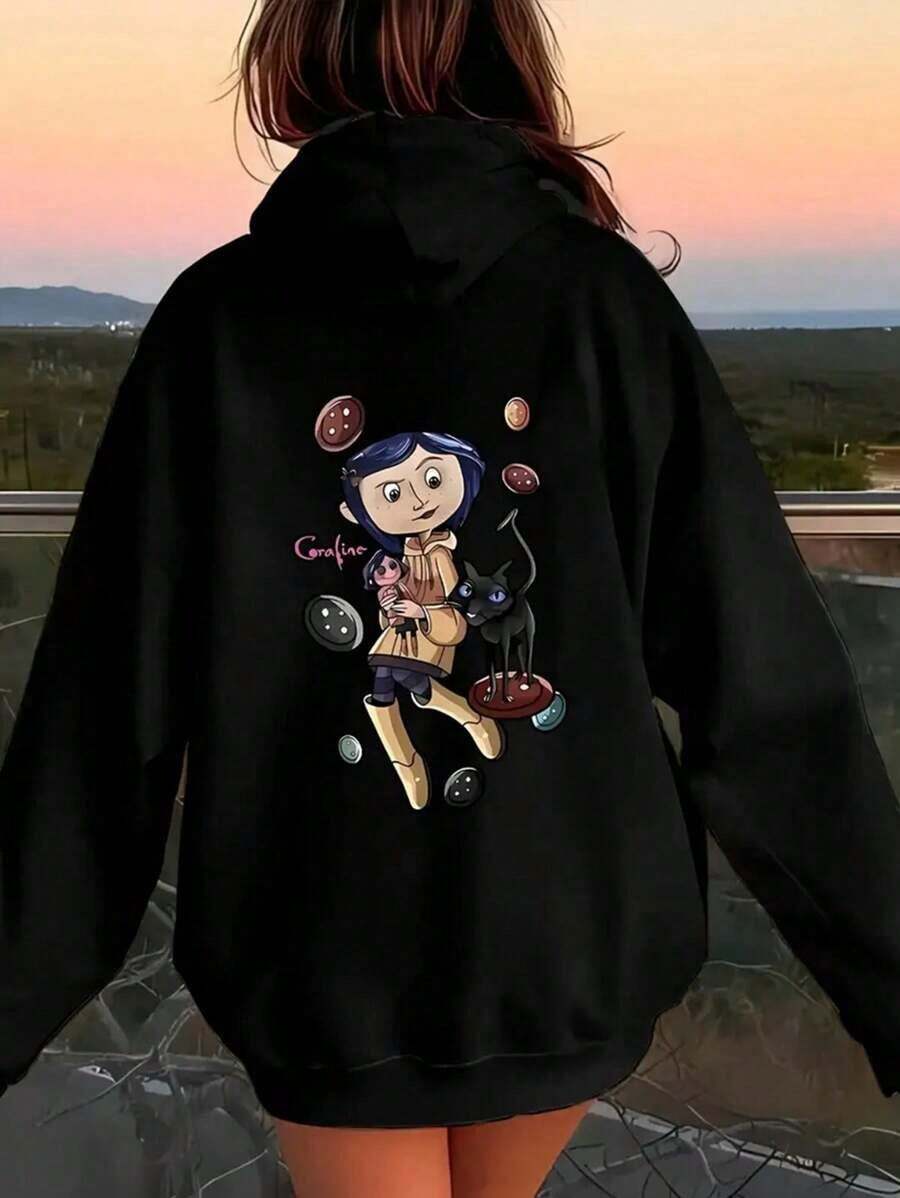 Y2K Graphic Print Pocket Drop Shoulder Casual Hoodie For Women Unisex Plus Size Sweatshirts Hoodies - 黑色 - 查看 1