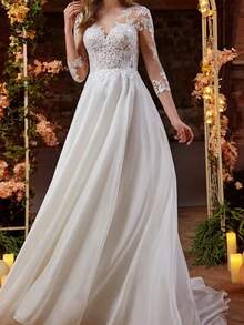 Elegant Scoop Neckling Long Sleeves Lace Wedding Gown - Perfect For Christmas, Halloween, Weddings, Proms & Birthdays - 白色 - 查看 3