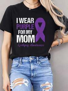 100% Cotton Black T-Shirt "I Wear Purple For Mom" Epilepsy Awareness T-Shirt For Women - Đen 24 - Xem 1