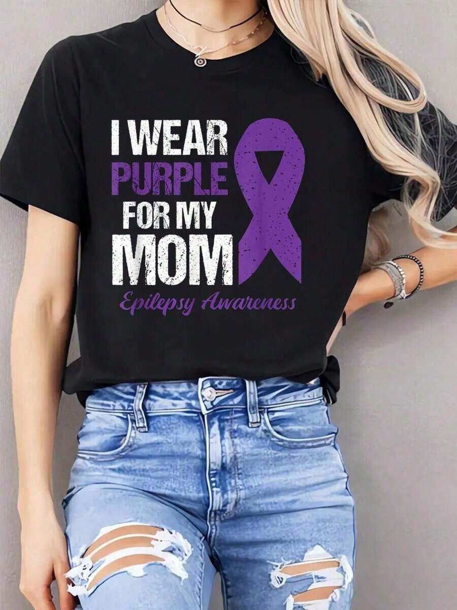 100% Cotton Black T-Shirt "I Wear Purple For Mom" Epilepsy Awareness T-Shirt For Women - Đen 24 - Xem 1