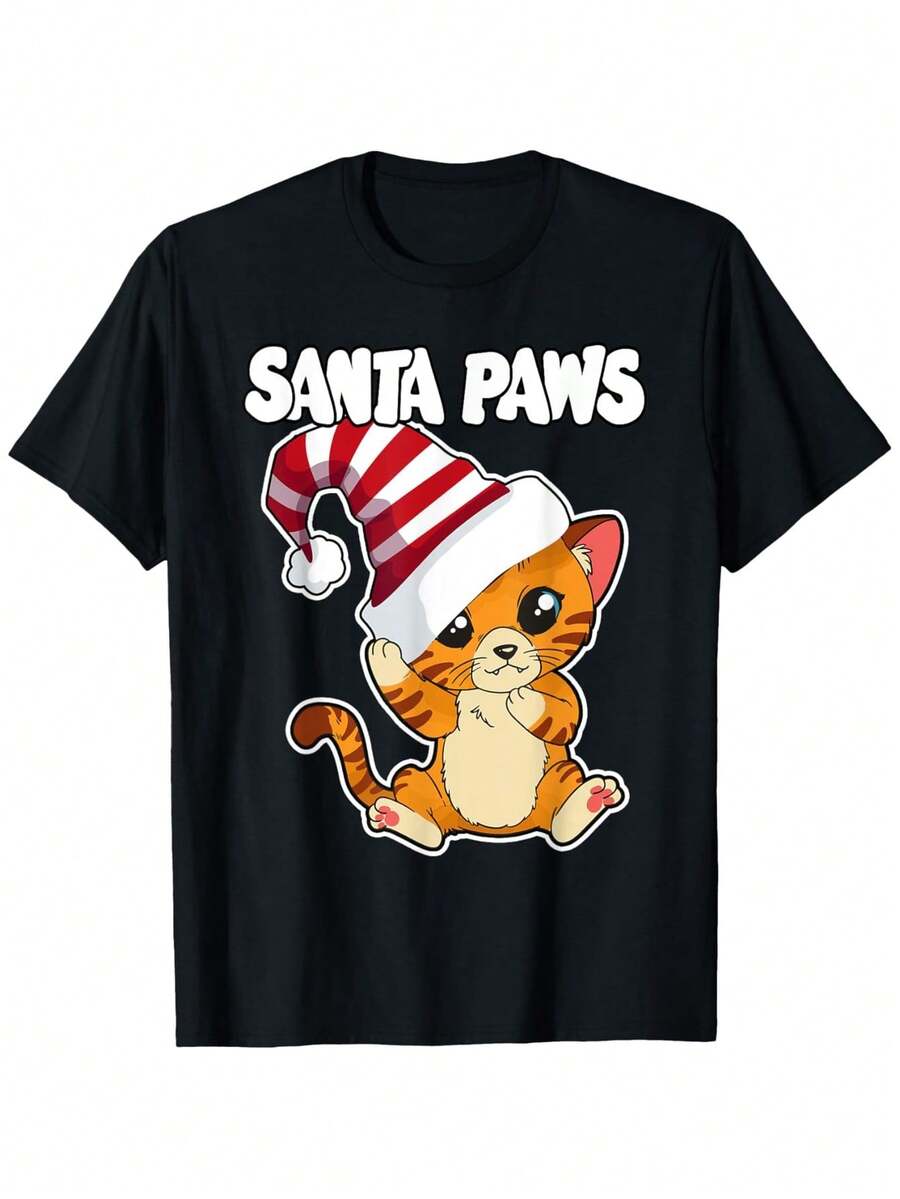 Camiseta de Navidad con Patas de Santa para Niños y Niñas | 100% Tela Suave y Transpirable | Lindo gorro de Santa con estampado de gato y PATAS DE SANTA | Lavable a máquina y atuendos festivos | Ropa Casual para Todas las Estaciones | Regalo festivo para fiestas de Navidad y uso diario - Negro - Ver 1
