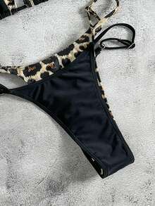Women's Sexy Vintage Bombshell Beach Party Travel Swimming Leopard Print & Solid Color Backless Tie Bikini Set, Fashionable, Spring/Summer New Arrival - Black - View 4