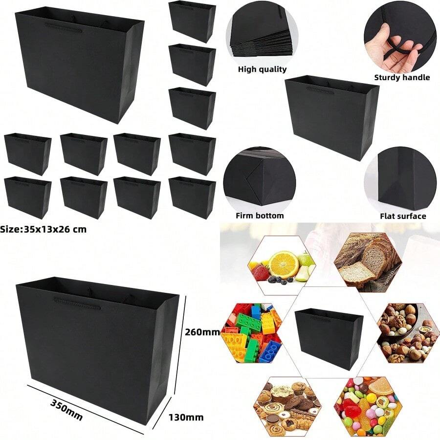 PACK4YA Paper Gift Bags Present Bag With Handles For Birthday Wedding Christmas Party Shopping  Shower 35x13x26 Cm Black 12 Pieces