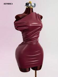 Women's Burgundy Faux Leather Bodycon Mini Dress, Sexy Fitted Party Dress For Music Festival, Wedding, Nightclub - Burgundy - View 8