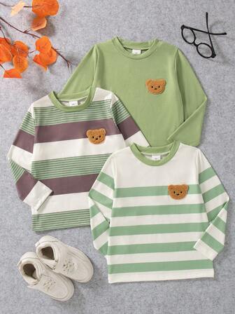 3件套男童休闲日常时尚印花条纹圆领修身长袖T恤，春秋季