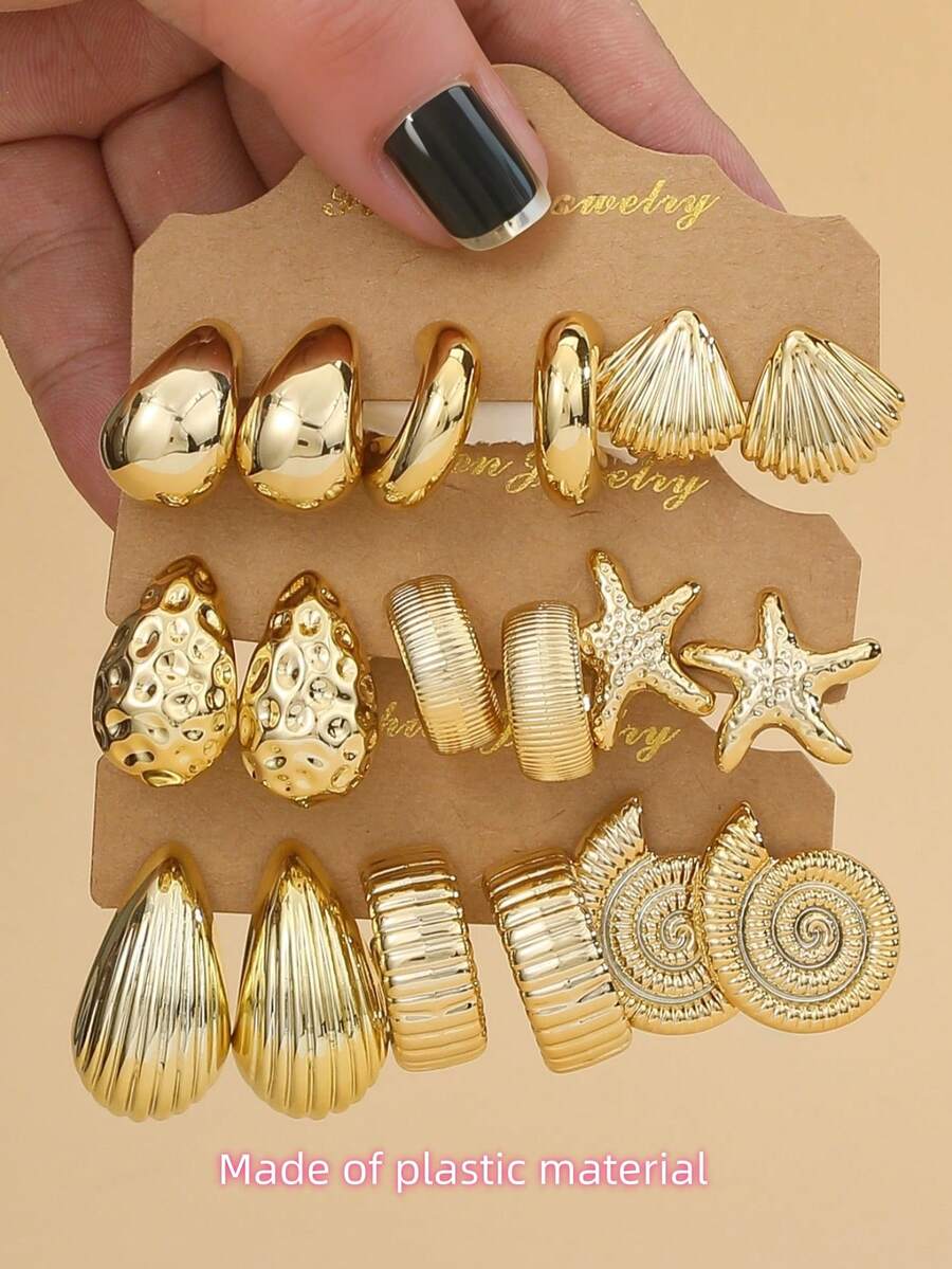 Set de 2-18 piezas de aretes con estrellas de mar, conchas, gotas de agua lisas y formas de C texturizadas, dorados y de moda, adecuados para el verano, viajes y uso vacacional - Amarillo Oro - Ver 1