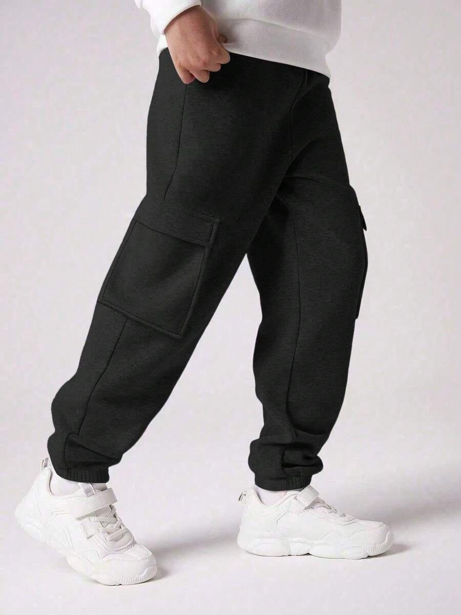 1pc Tween Boys Casual Loose Outdoor Sports Workout Side Pocket Straight Leg Thermal Lined Warm Sweatpants, Autumn/Winter
