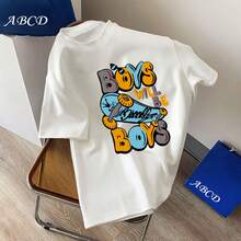 Young Boy Cartoon Skateboard & Letter Print Round Neck T-Shirt
