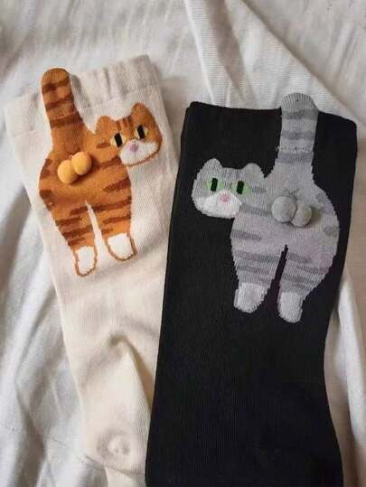 2 Pairs Cat Bell Pattern Casual Mid-Calf Socks, Fun & Cute, Suitable For Summer Wear. Creative 3D Abstract Cat, Egg, Bell Design Funny Ankle Socks, Adorable Cat, Egg Pattern, Suitable For Summer
