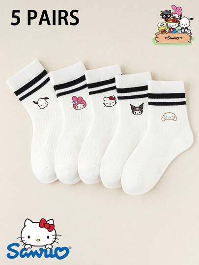 1/5 Pairs Anime Collaboration Kids' Mid-Calf Socks Set,Kitty/KT Cat/My Melody/Kuromi/Cinnamoroll/Pochacco Cartoon Element Print Mid-Calf Socks,Socks,Baby Essentials,Toddler Socks Girl,Green Socks, Baby Girl Clothes,Baby Boy,Halloween Socks,Christmas Gifts,White Double Bar Socks