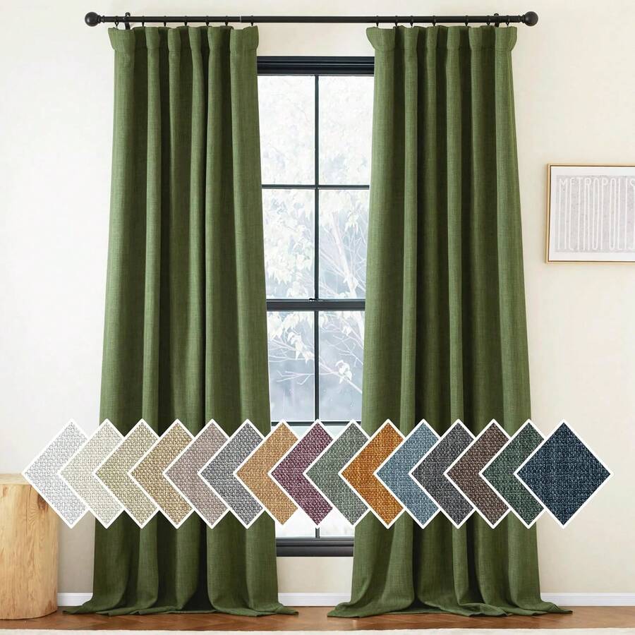 2025 Bedroom Curtains 2 Panels Sets Faux Linen Textured, Pinch Pleated Room Darkening Light/Heat Blocking Window Drapes Thermal Insulated For Living Room, Angora, W50 X L108, 2 Panels - 森林綠 - 查看 1