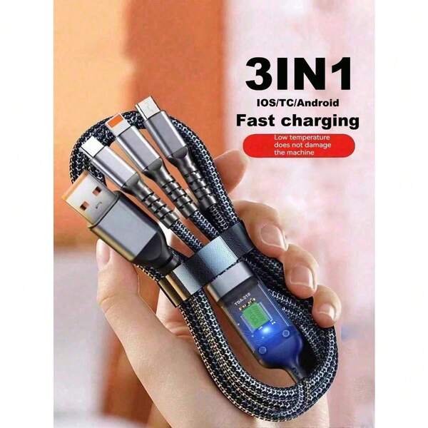 3-In-1 Charging Cable, Transparent Luminous Nylon Braided Fast Charging & Data Transfer Cable