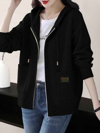 女士宽松拉链连帽卫衣，加厚针织外套，适合秋冬春季穿着，黑色