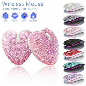 1 pieza Ratón inalámbrico brillante y deslumbrante, modo inalámbrico dual de 2.4GHz + 5.2GHz, cubierto con cristales de strass, diseño ergonómico, clic silencioso, compatible con Windows/MacOS/Android/Linux, ratón inalámbrico chispeante y adorable, regalo perfecto para ella/él, cumpleaños, festividades