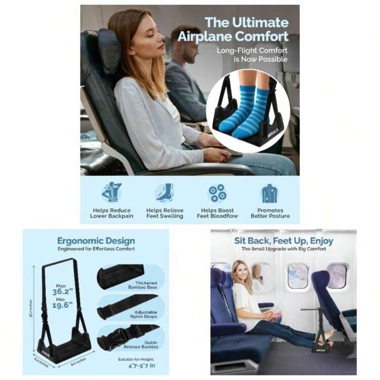 1 Pack No - Collapse Airplane Foot Hammocku2013Adjustable Foot Hammock Plane Travel With Thick Base, Lightweight Travel Footrest Office, FlightsBlack - 黑色+1件 - 查看 1