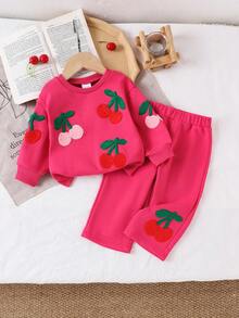 2pcs Baby Girls' Casual Cute Long Sleeve Sweatshirt + Pants Set, Spring/Autumn - Hot Pink - View 1