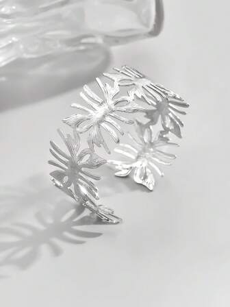 1件复古不对称叶形金属开口手镯，时尚百搭，适合日常佩戴