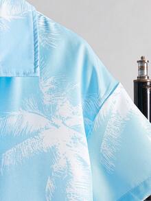 男童休闲印花拼接落肩短袖衬衫上衣和抽绳短裤套装（2件套），夏季 - 淺藍色 - 查看 7