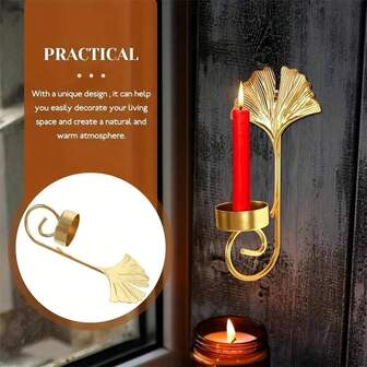 1pc Metal Candle Holder, Ginkgo Leaf & Feather Shaped Tea Light Candle Holder, Gold Wall Art Decor, Romantic Occasion Candle Set, Suitable For Living Room, Bedroom Or Dining Room Decor, Elegant & Durable Metal Wall Sconce Candle Holder