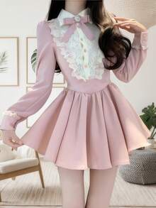 1件法式复古宫廷风甜辣优雅高端迷你连衣裙，适合生日派对、节日派对、舞台表演、拍摄万圣节 - 彩色 - 查看 5