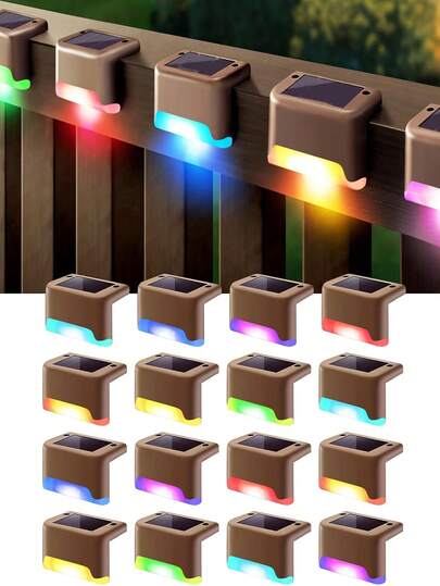 Luces solares para escaleras exteriores, luces solares para escaleras al aire libre a prueba de agua, luces para escalones de terraza, patio, jardín, porche, entrada principal, acera, jardín, decoración de patio (carcasa marrón, luz de color, 4 paquetes)