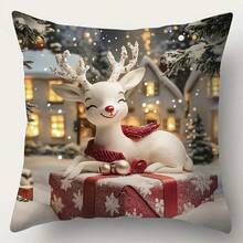 4 sztuki poszewek na poduszki z motywem świątecznej, śnieżnej scenerii z motywem Świętego Mikołaja i renifera, wykonane z miękkiego i wygodnego poliestru, 45 x 45 cm (17,72 x 17,72 cala), zapinane na zamek błyskawiczny, nadające się do prania w pralce, odpowiednie do wystroju domu, salonu, sypialni, werandy, ogrodu, na zewnątrz, jako dekoracja na zimowe święta (same poszewki na poduszki – wkładka nie jest dołączona)