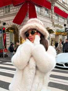 女士渐变色人造毛皮渔夫帽，厚实保暖蓬松人造狐狸毛奢华巴拿马渔夫帽，冬季必备 - 彩色 - 查看 2